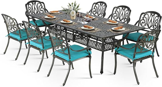 VIVIJASON 9-Piece Outdoor Dining Set, All Weather Cast Aluminum Retro Patio Furniture Table and Chairs Set for 8, Include 94.5" Rectangular Table and 8 Chairs with Umbrella Hole, Ocean Blue Cushion