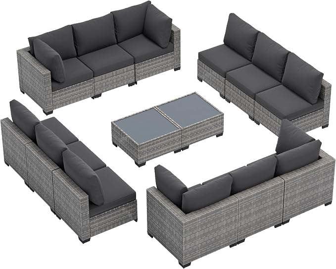FHFO 14 Piece Outdoor Wicker Patio Furniture Set, Grey/Dark Grey | Sectional Sofa | All-Weather Hand-Woven Rattan | Tempered Glass Coffee Table | Free Combination | Indoor & Outdoor Use