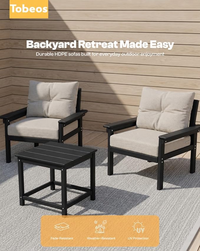 HDPE 7 Piece Patio Furniture Set, All-Weather Outdoor Couch Set with Thick Cushions & Table & Umbrella, Patio Conversation Sets for Lawn, Garden, Porch, Balcony, Deck, Poolside, Black & Beige