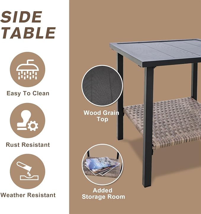 COOS BAY Sunset Haven 3 Piece Outdoor Patio Furniture Set, Rocking Chairs with Side Table, Wicker Patio Bistro Set, Brown/Beige
