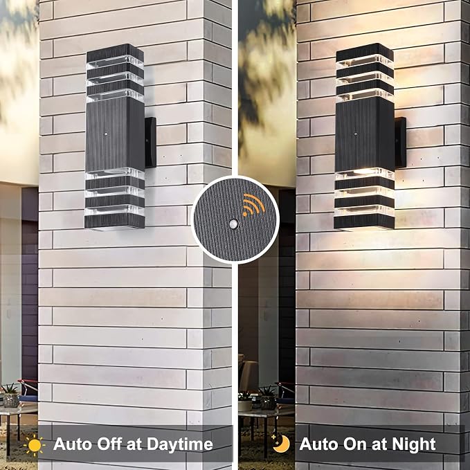 Dusk to Dawn Outdoor Wall Lights 2 Pack, 3000K Warm White Front Porch Light Fixture, Anti-Rust Black LED Up and Down Outdoor Lights for House