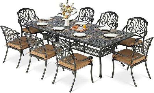 MEETWARM 9-Piece Outdoor Patio Dining Set for 8, All Weather Cast Aluminum Patio Funiture Table and Chairs Set- 94.5” Rectangular Table with 2" Umbrella Hole and 8 Cushioned Chairs for Garden, Khaki