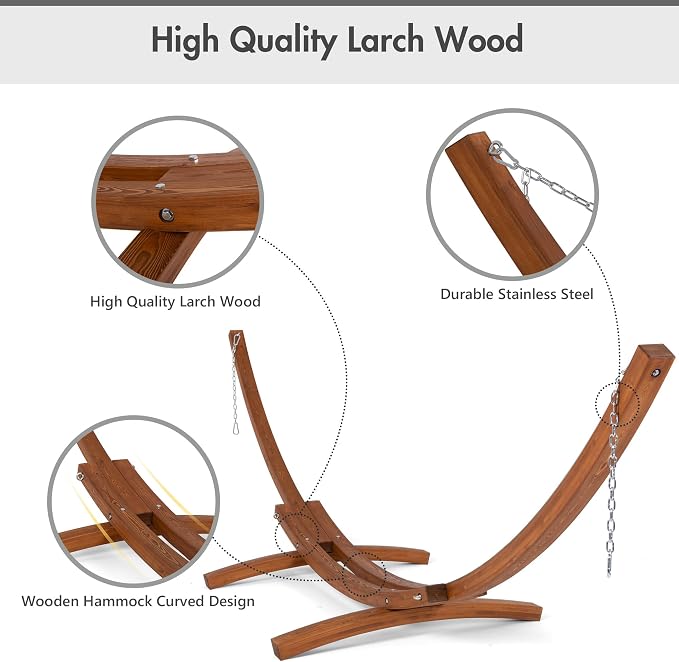 ANOW 13.5FT Curved Wood Stand with Portable Rope Hammock, Heavy Duty Larch Wood Arc Stand with 2 Chains, 4 Balance Ropes and 4 Carabiners, Includes Gray Hammock with Spreader Bars
