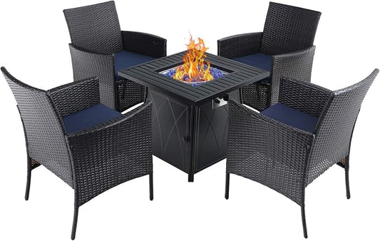 Sophia & William Patio 5 Pieces Dining Set with 1 Square Gas Fire Pit Table and 4 PE Rattan Chairs, Modern 2 in 1 50000 BTU Outdoor Propane Firepits Table Auto-ignition Black 28.4"L x 28.4"Wx 24.8"H