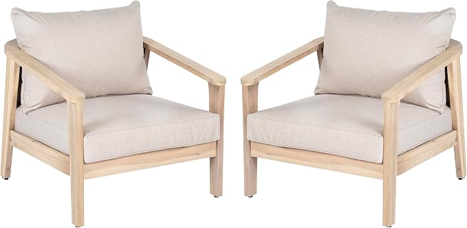 Merax 2 Piece Outdoor Acacia Wood and Wicker Club Chair, Light White Finish with Beige Cushion, Patio Garden Armchair