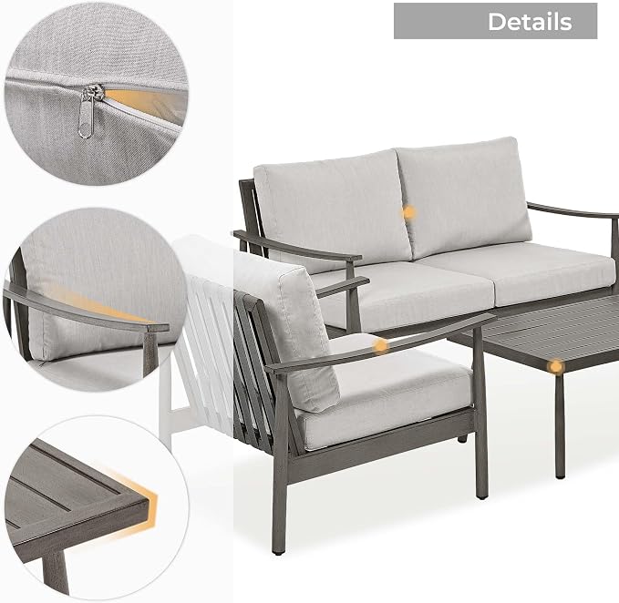 HAPPATIO Patio Outdoor Furniture Set - 4 Piece Aluminum Patio Conversation Set with 1 Coffee Table, 2 Armchairs and 1 Loveseat, Aluminum Outdoor Furniture Set for Backyard Deck Poolside (Grey)