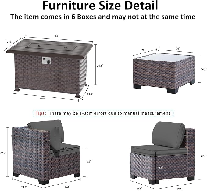 Outdoor Patio Furniture Set with Gas Fire Pit Table, 8 Pieces Patio Sectional Sofa, Outdoor Furniture Set w/43in Propane Fire Pit, PE Wicker Rattan Patio Conversation Sets (Grey)