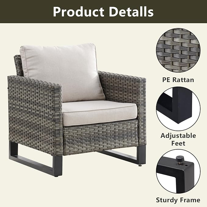 Rilyson Luxury Wicker Outdoor Patio Furniture Set of 5-5 Piece Patio Conversation Set with Ottoman*2, Wicker Chairs*2, Metal Side Table*1 for Outside Porch Deck Backyard Garden(Mixed Grey/Beige)