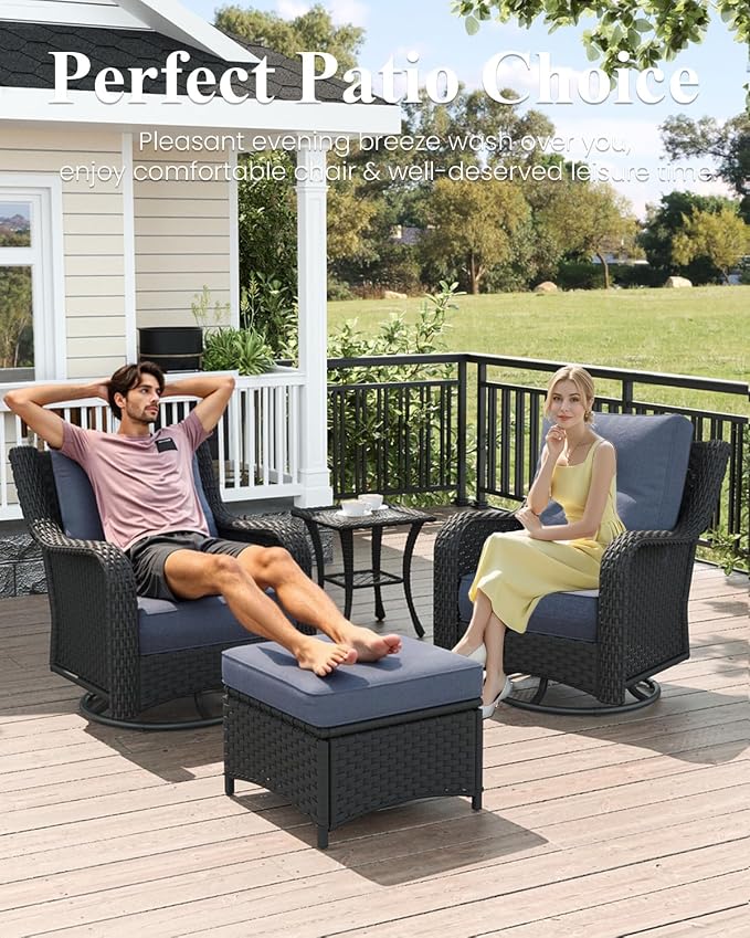 LayinSun 5 Piece Wicker Outdoor Furniture Set with 6-inch Comfy Cushions, High Back Patio Furniture Set with Swivel Rocking Chairs and Side Table