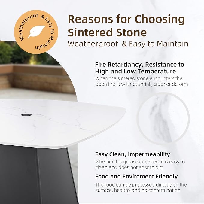 5-Piece Outdoor Patio Dining Table Set, Modern Faux Marble Stone Dining Table with 4 Sunbrella Chairs, Aluminum Frame and Umbrella Hole, Durable & Weather/Heat-Resistant