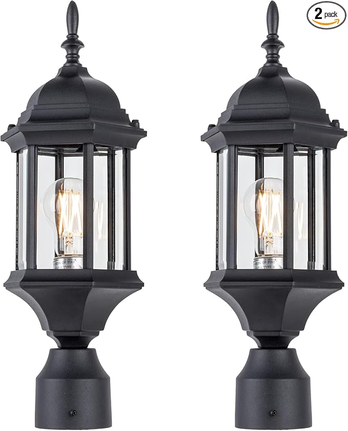 Outdoor Post Light, Rustproof Aluminum Pole Lamp, Black | Exterior Lamp Post Light Fixture for Garden, Yard, Pathway, Waterproof, Glass, E26 Base, Max 60W, 2 Pack
