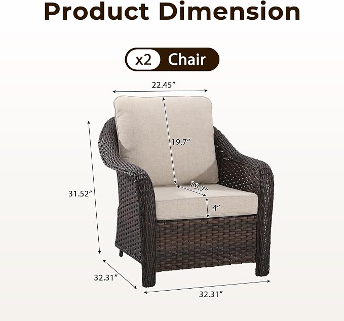 Outdoor Wicker Chair Set of 2, All-Weather Use Patio Rattan Chair with Seat and Back Cushion, Ideal for Porch, Backyard, Balcony, Poolside, Beige