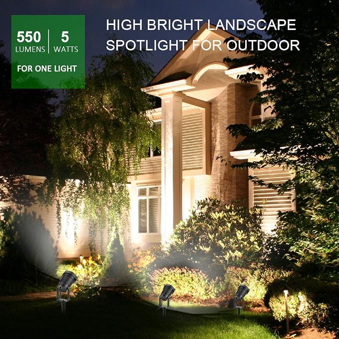 Romwish 5W Landscape Lighting, 120V Plug-in Outdoor Spotlights, 6 Pack | 3000K Warm White, 550LM Bright LED, IP65 Waterproof, 120V Plug and Play, Adjustable 270° Beam for Yard Garden Lawn Tree