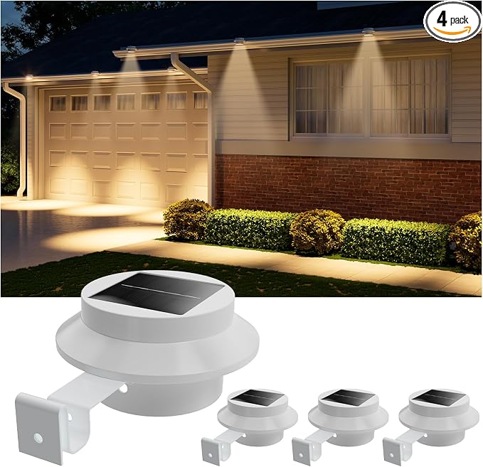 4 Pack White Bright Solar Powered Gutter Mounted Lights Outdoor Waterproof Led Fence Lamp for Lighting Rainspout, Railing, Outside House, Wall, Deck, Porch, Garage, Holeless Installation(Warm White)