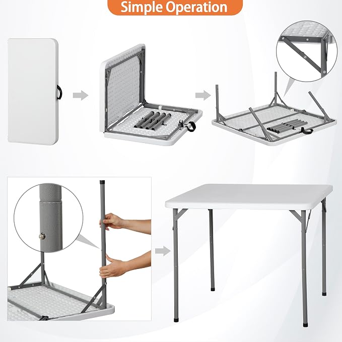 34" Square Folding Table, Heavy Duty Portable Plastic Card Table for Picnic Party Camping Dining Indoor Outdoor, Lightweight, White