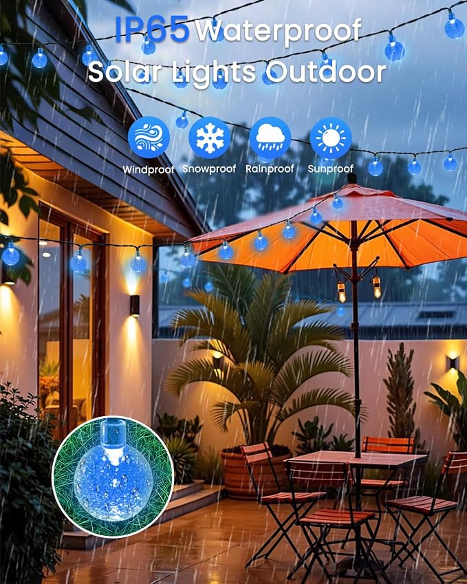 Solar String Lights Outdoor Waterproof 2 Pack 120 LED 72FT Patio Lights | Blue Crystal Globe, 8 Lighting Modes, Auto On/Off, Solar Powered String Light for Outside Yard Wedding Party Tree Decorations