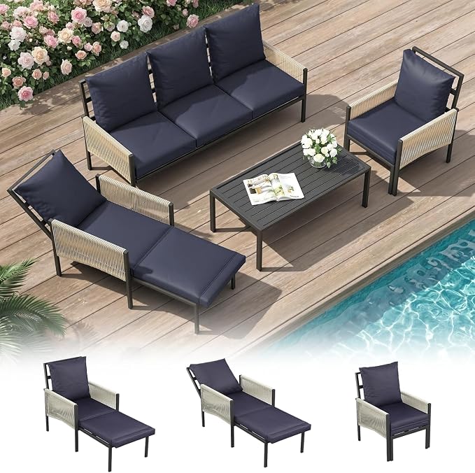 AECOJOY Aluminum Patio Sectional Furniture Set, 10-Seat, Dark Blue | 8-Piece Set, Coffee Central Table, Outdoor Conversation Set, Porch & Deck Use
