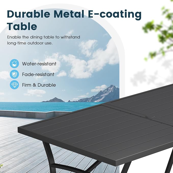 7 Pieces Patio Dining Set, 63" Rectangular Dining Table with Umbrella Hole, 6 Stackable Textilene Fabric Chairs, Metal Structure for Patio, Porch, Garden(Black Table, Blue Chair)