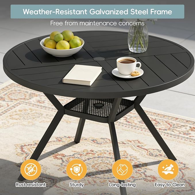 7 Piece Patio Dining Set for 6 Swivel Chairs and 47” Round Metal Table with Umbrella Hole, All Weather Patio Dining Furniture Set for Deck Lawn Backyard, Black Table and Navy Blue Chairs Set