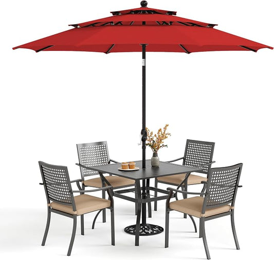 PHI VILLA Outdoor Table Chairs Set w/Umbrella, 5pc Patio Metal Furniture | 37" wrought iron square table & stackable chairs for 4. 10ft red umbrella. Dining set for deck, porch, backyard.