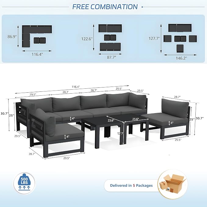 NICESOUL 8 Piece Modern Aluminum Patio Furniture Set Deep Seated, Extra Wide Modular Outdoor Sectional for 6 People, 500 lbs Heavy Duty L-Shaped Oversized Sofa Couch for Outside Backyard, Ember Black