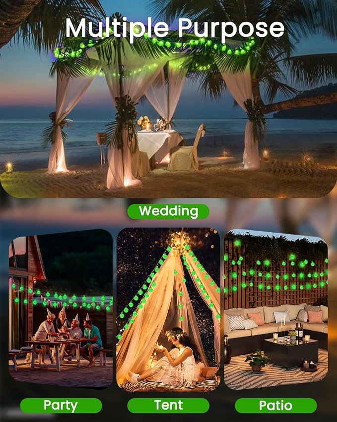 LORRYTE Solar String Lights Outdoor 2 Pack 64FT 100 LED Green Patio Lights | Crystal Globe, IP65 Waterproof, Auto On/Off, 8 Modes Solar Powered Light for Outside Halloween Party Garden Yard Decorations