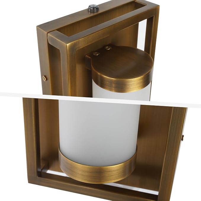 Hyunbae Modern LED Dusk to Dawn Outdoor Wall Sconce, Brushed Antique Brass | Photocell Sensor, 15W Dimmable Porch Light, 16" Exterior Sconce for House, Garage Patio Entryway Use, 3000K Warm White