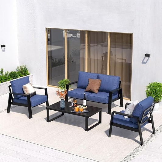 Aluminum Outdoor Patio Furniture Set, 4 Piece Sectional Coversation Sets with Coffee Table, Modern Outdoor Sofa Couch with Thick Cushions for Porch, Balcony, Garden, Blue