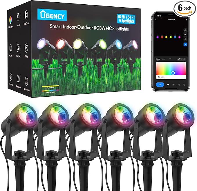 Spotlight Outdoor Smart Low Voltage Landscape Lights, 6 Pack | IP65 Waterproof, RGBW Color Changing, For Yard Garden, 54Ft