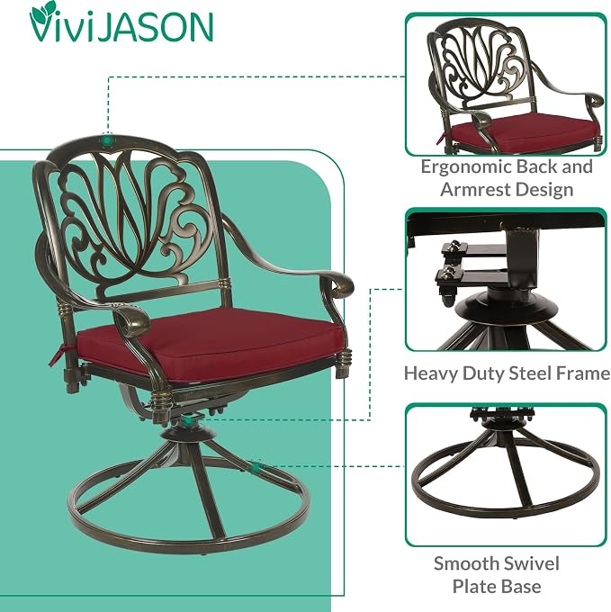 VIVIJASON 9-Piece Outdoor Furniture Dining Set for 8, All-Weather Cast Aluminum Patio Table and Chairs Set with 8 Swivel Rocker Chairs, 64" Large Square Dining Table with 2.2" Umbrella Hole, Red