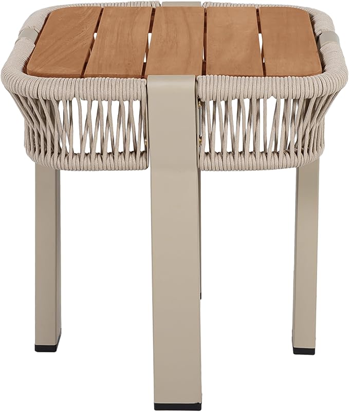 Acacia Wood Side Table, Square Outdoor End Table with Rope & Metal Frame, Small Outdoor Table for Patio, Garden, Poolside, Deck w/UV-Resistant Frame,120 lbs Capacity, Beige+Teak