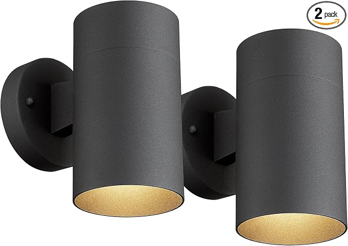 Ken & Ricky Modern Outdoor Wall Sconce Lights,Cylinder，Black ，2 Pack | No Glare Aluminum Exterior Lighting Fixtures,Downward Outside Wall Light,E26,For House Front Porch Garage Patio Entryway