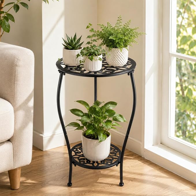 2-Pack 13" 2-tiered Metal Round Side Tables Small Black Outside End Table for Patio Round Accent Garden Corner Stand for Small Spaces Weather-resistant Outdoor Coffee Table for Balcony, Black