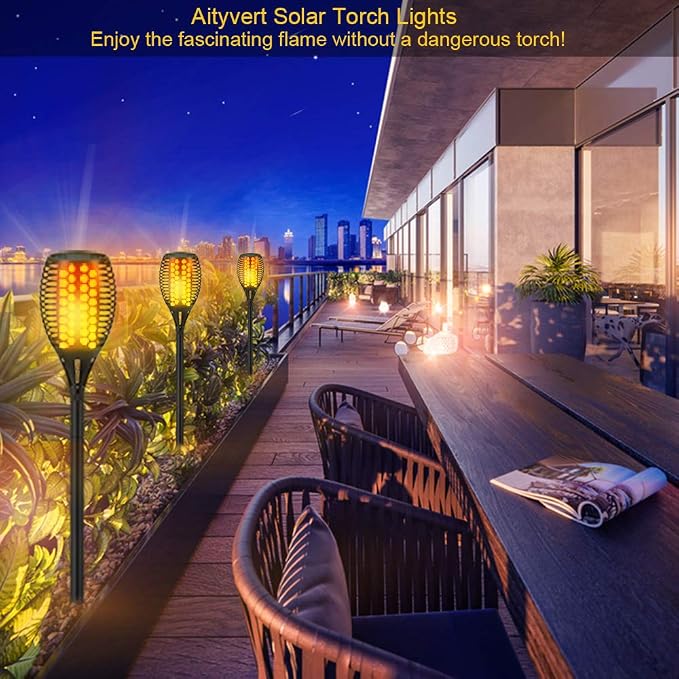 Aityvert 43" Flickering Flame Solar Torch Lights Outdoor Waterproof, 4 Pack | Realistic 96 LED Flame Effect,Higher & Larger 10-12 Runtime,Landscape Decoration Auto On/Off for Yard Garden Pathway