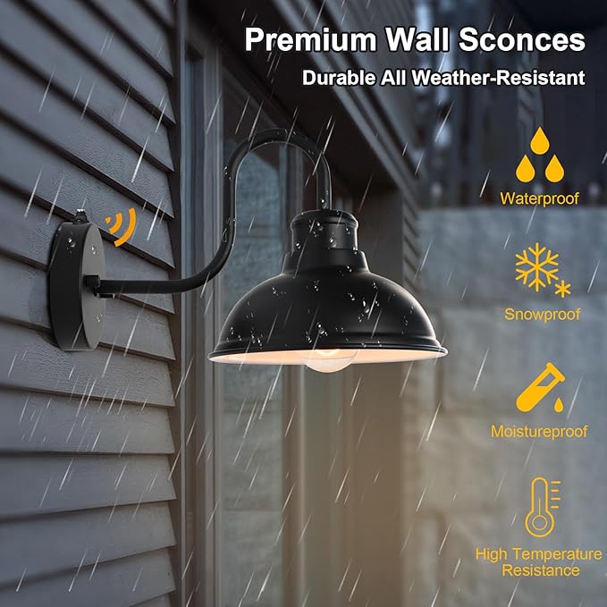 Dusk to Dawn Barn Light Outdoor Sconce 8" Exterior Lighting Fixtures 2 Pack | Anti-Rust Waterproof Farmhouse Industrial Vintage Matte Black Wall-Mount for Porch/Garage/Patio Yard ETL Listed