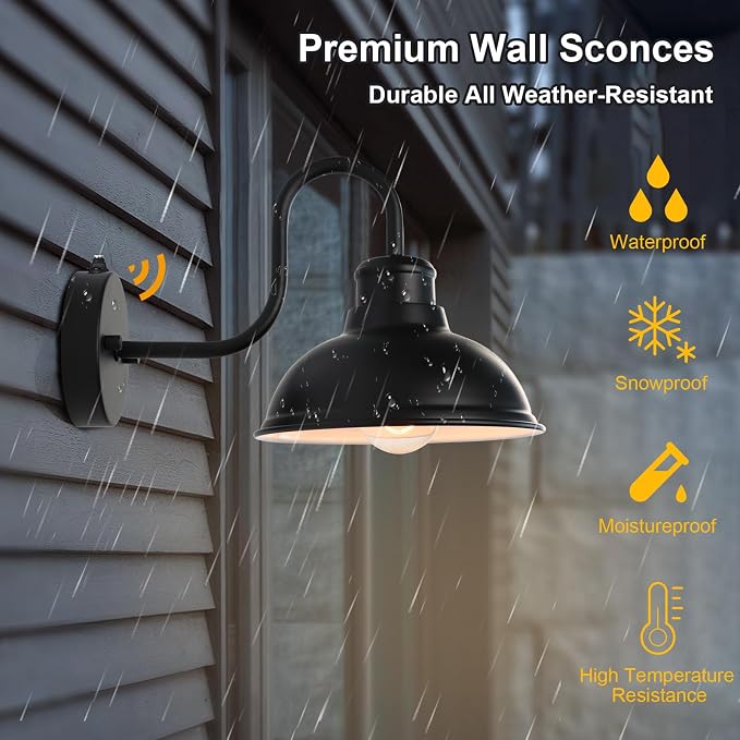 Dusk to Dawn Barn Lights Outdoor Wall Light 8" Exterior Lighting Fixtures | Anti-Rust Waterproof Farmhouse Industrial Vintage Matte Black Wall-Mount for Porch/Garage/Patio Yard ETL Listed