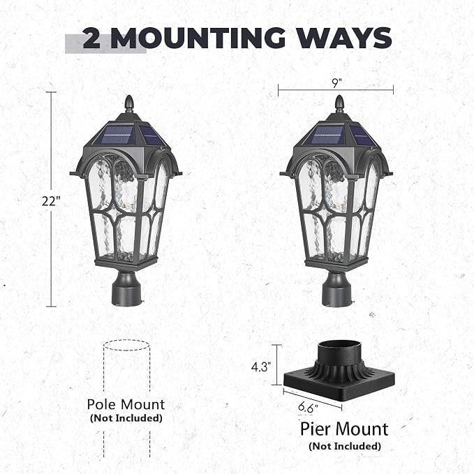 22 Inch Large Solar Post Light Outdoor, Dusk to Dawn Pier Mount Lamp, Sand Black Aluminum with Seeded Water Ripple Glass, Waterproof Solar Pole Light Fixture for Yard Garden Pillar Patio