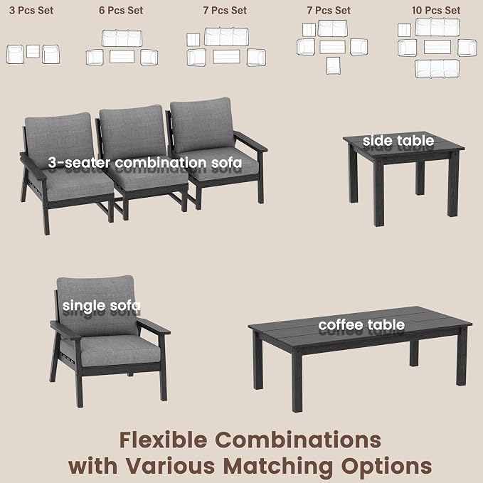 Ayge HDPE Patio Furniture Set, 6 Piece Sectional Outdoor Furniture Set, All Weather Outdoor Couch Set Patio Conversation Set for Deck, Lawn, Black