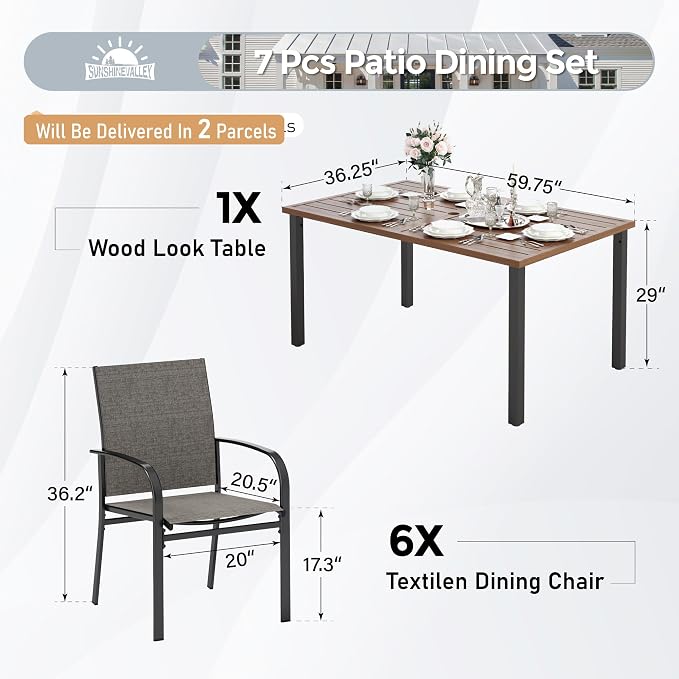 SUNSHINE VALLEY 7 PCS Patio Dining Set for 6, Rectangular Wood-Like Metal Table with Umbrella Hole and 6 Chairs, Outdoor Table and Chairs for Lawn Garden Backyard and Deck, Brown