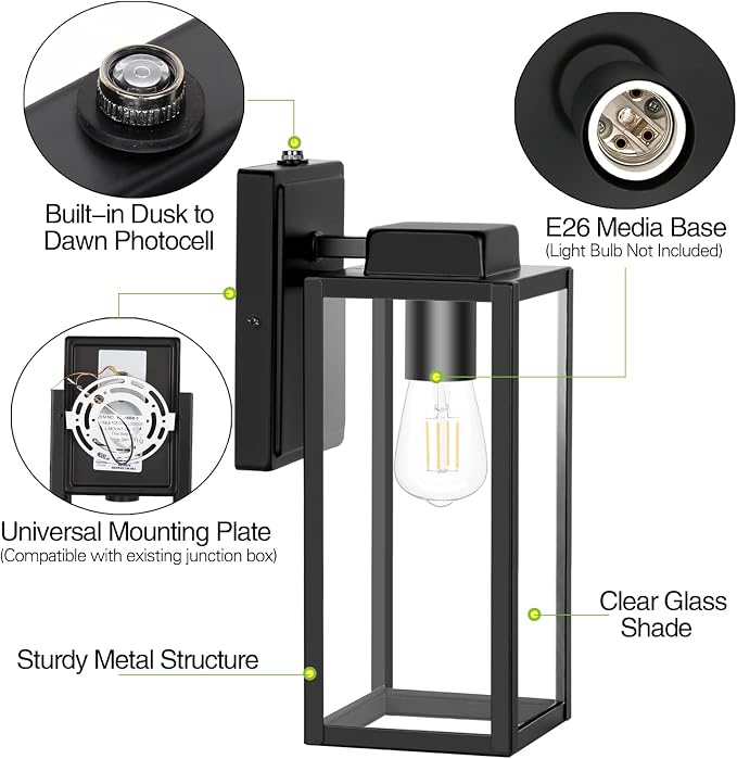 hykolity 16 Inch Dusk to Dawn Black Waterproof Outdoor Wall Light for Patio | Large Size Exterior Lantern with Glass Shade, Anti-Rust Outdoor Light Fixture Wall Mount for House, Patio, Garage, Backyard
