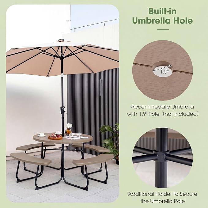 Giantex Picnic Table Set for Up to 8 Persons, Round Outdoor Table and Bench Set with Umbrella Hole, HDPE Top & Metal Frame, 2000LBS Capacity, Patio Table Bench for Deck Backyard Garden, Coral Reef