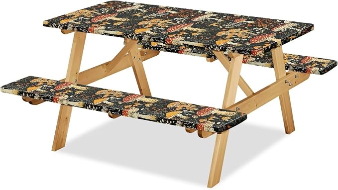 Mushroom Picnic Table Cover with Bench Covers, Beach Waterproof Outdoor Table Cover, Picnic Table Covers with Elastic Suitable for Camping Party Travel Camping