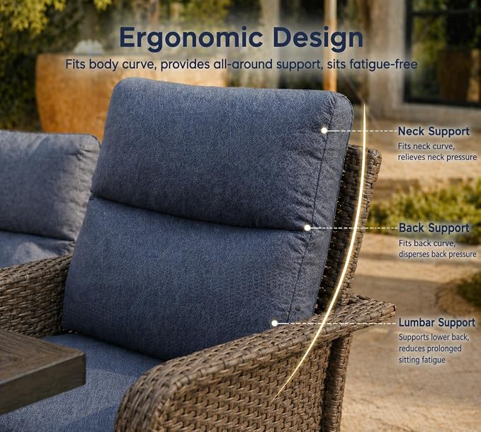 XIAO WEI 8-Piece Outdoor Furniture Set with Fire Pit Table, Wicker Patio Conversation Set with Cushions & Swivel Glide Chairs, All-Weather Patio Furniture Set for Backyard, Garden, Deck (Blue)