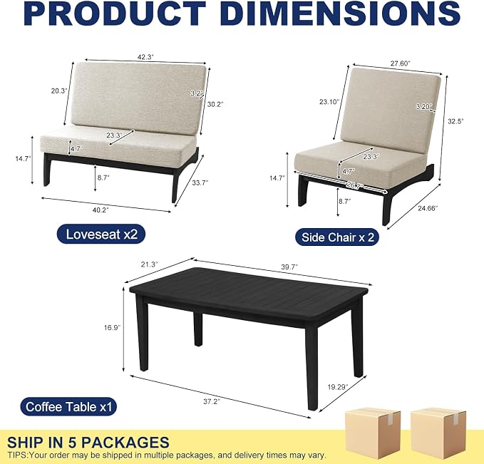 Pia Ricoo 4 Piece Patio Furniture Sets, Outdoor Furniture with 2 Chairs & Coffee Table, Patio Conversation Set for Backyard, Deck, Lawn, Light Camel Cushion, Dark Wood