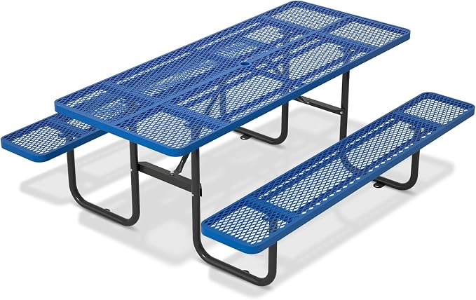 Picnic Tables for Outdoors with Umbrella Hole-Coated Steel Heavy Duty Commercial Grade Table with Seats,Commercial Metal Picnic Tables,Heavy Rectangular Furniture Set for a Lifetime (Blue)