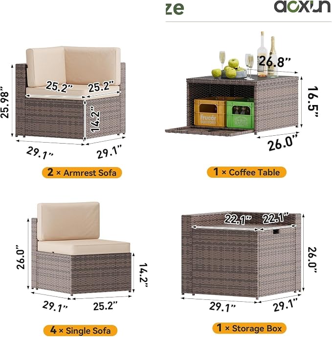 Aoxun 8 Piece Patio Furniture Set, Wicker Rattan Outdoor Furniture Set with Storage Box and Glass Top Table, Patio Sectional Set with Thick Cushions, Beige