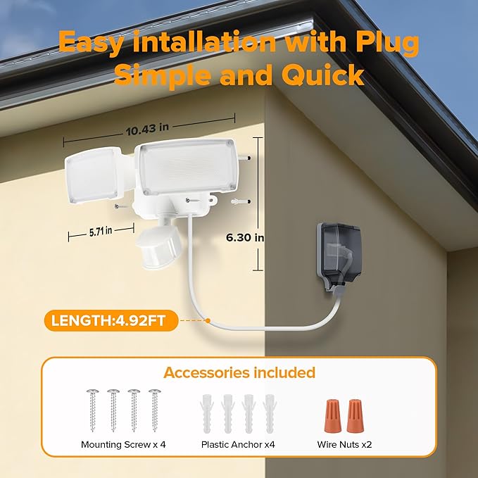 LUTEC 21W White Plug in Motion Sensor Light Outdoor, Flood Lights Outdoor Motion Sensor,2500LM, 5000K Daylight,IP65 Waterproof,Adjustable 2 Heads Wall Light for Garage, Porch, Yard