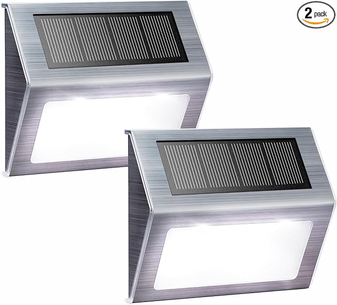 XLUX Solar Powered Lights for Deck Steps Stairs Fences Pathway Path, LED lamp, Outdoor Waterproof, White Light 2 Pack | white non-glare LED lamp, sturdy stainless steel casing, for deck, step, fence, pathway, Rainproof, Automatic ON/OFF