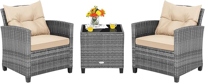 Tangkula 3 Pieces Wicker Patio Furniture Set, Outdoor Rattan Conversation Cushioned Chair Set with Tempered Glass Side Table, for Porch, Balcony and Garden