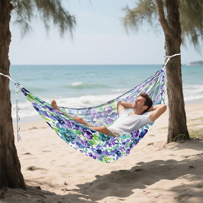 Camping Hammock Outdoor Hammocks for Outside Floral Purple Blue Watercolor Beach Trees Portable Lightweight with Pockets Tree Straps Indoor